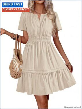 Womens Summer Mini Dress V Neck Ruched Tiered Short Sleeve Casual